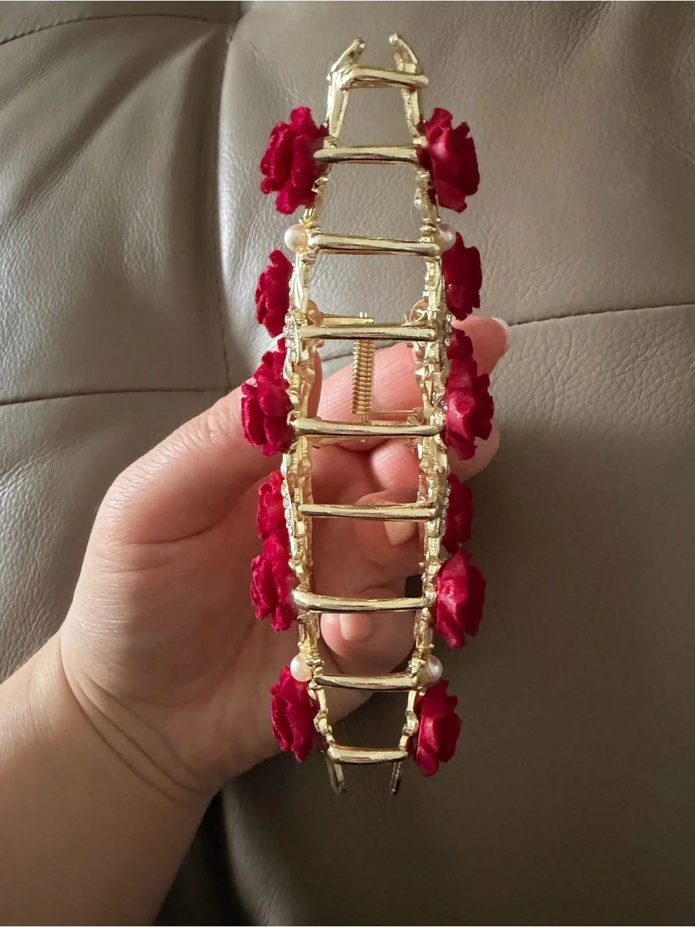 Romantic Red Rose Hair Claw Clip Gold Floral Rhinestone Updo Accessory